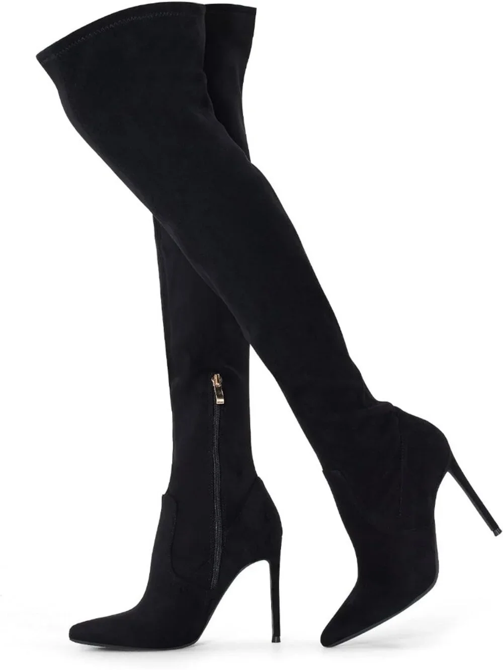 Women's Suede Black Over the Knee Boots Stiletto Pointed Toe Thigh High Heels